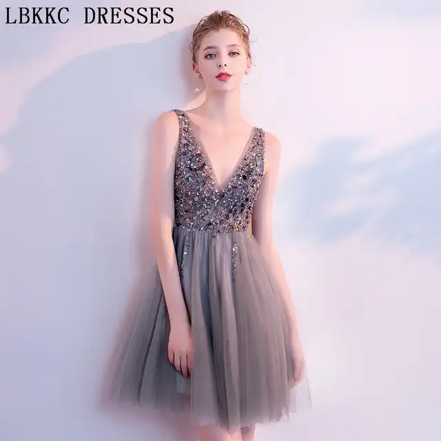 Ongekend Vestido De Festa Grey Short Prom Dresses Tulle Beading Gala Jurken LM-28