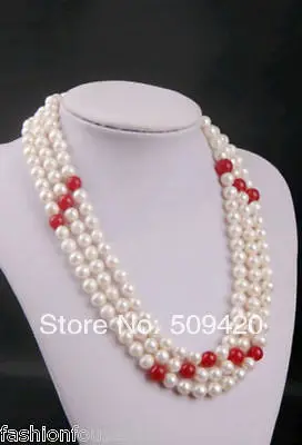 

~~ Free Shipping WholesaleRare!3 Rows 7-8MM WHITE PEARL RED JADE NECKLACE