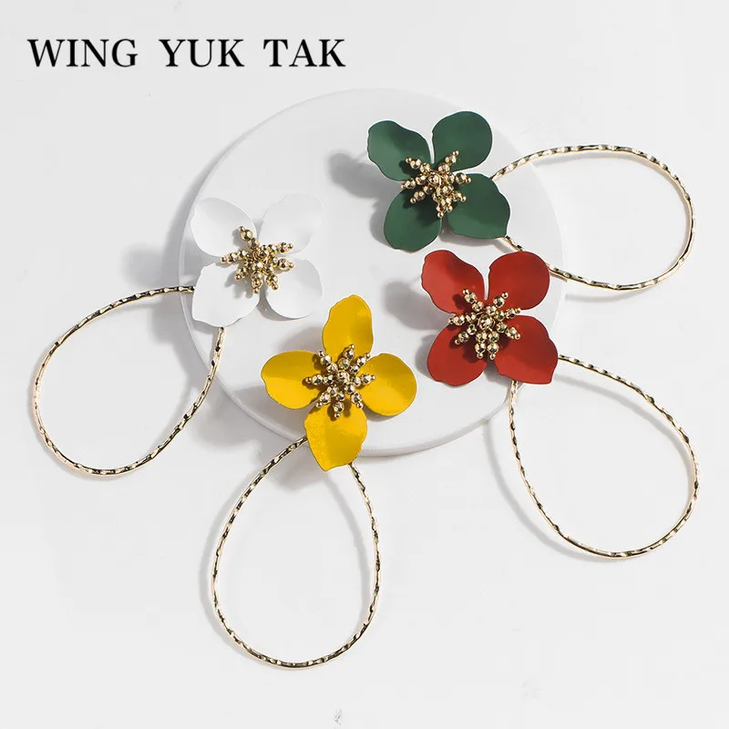 

wing yuk tak Ethnic Statement Earrings Fashion Long Metal Colorful Plant Flower Earrings For Women