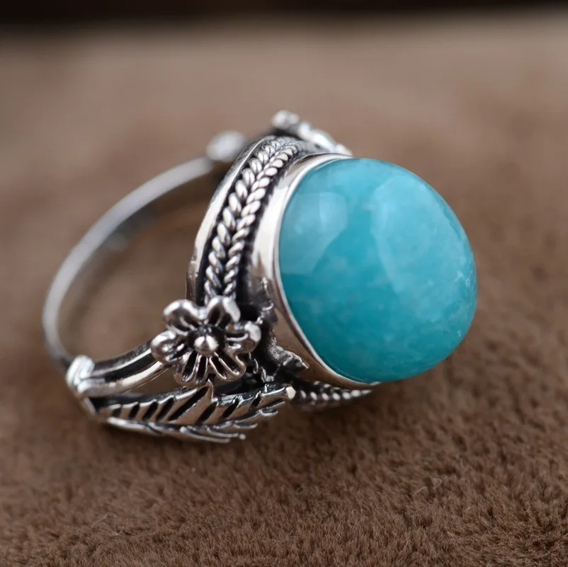 

Amazonite ring silver wholesale S925 silver inlaid antique style simple silver flower type female