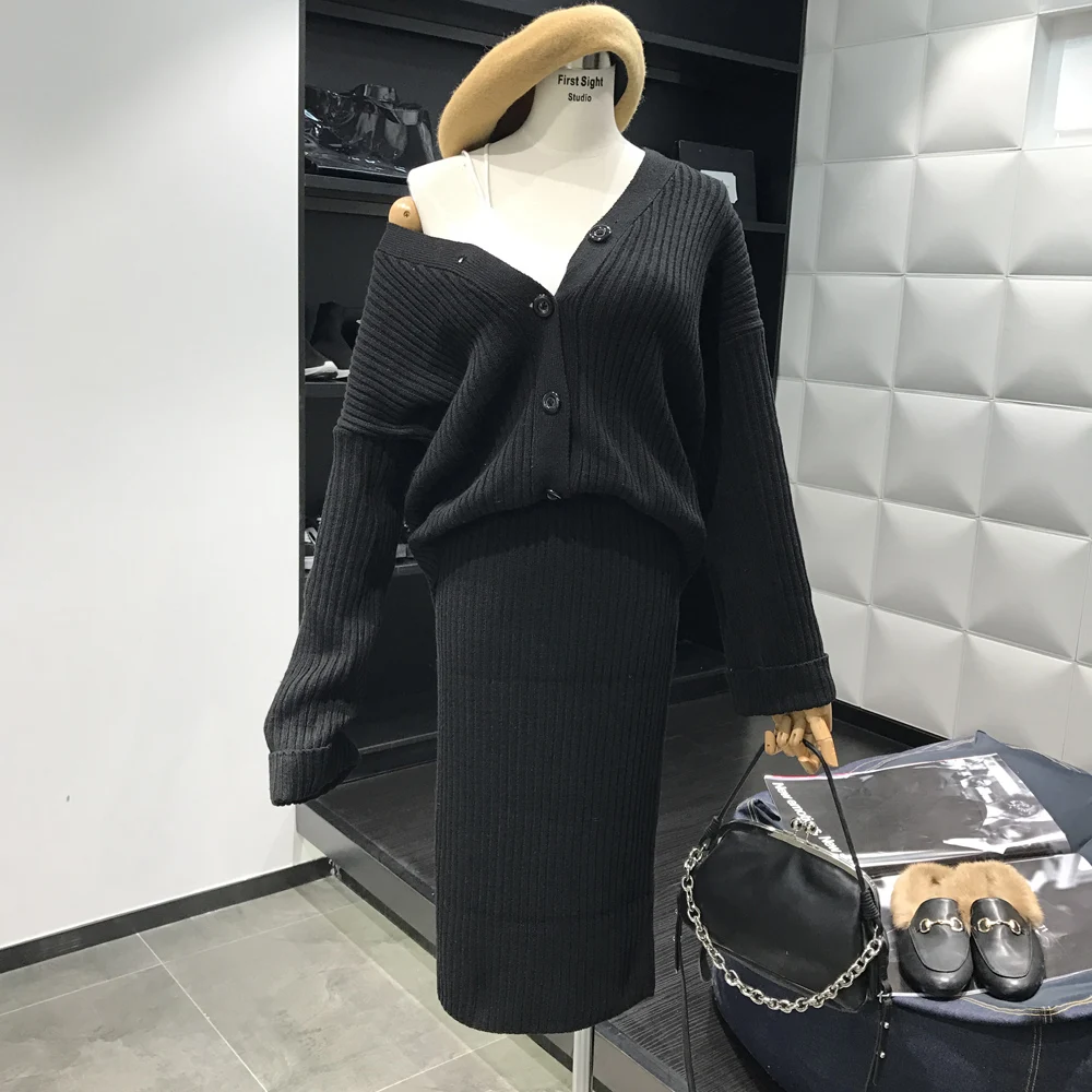 

Amolapha Casual Women Loose Sweater Coats Skirts Suits V Neck Single Breasted Knitted Solid Sweater+Skirt 2PCS Sets