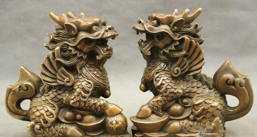 

song voge gem S2818 FengShui Chinese Bronze Copper Guard Wealth YuanBao Dragon Kylin Statue Pair