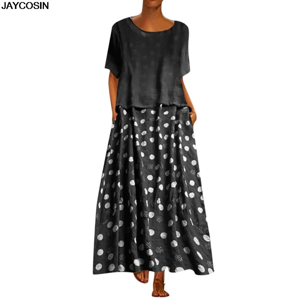 

JAYCOSIN dresses Summer Women Vintage O-Neck Dot Print Patchwork O-Neck Two Pieces Loose Maxi Dress Pocket Tank Empire Sling9509