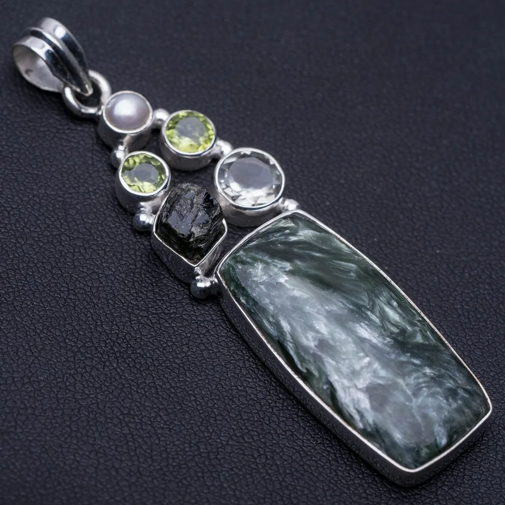 

Seraphinite,Peridot,River Pearl,Green Amethyst and Drusy Druzy 925 Silver Pendant 2 1/2" P0139