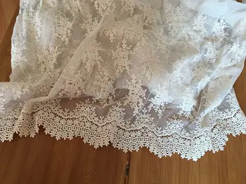

ivory Lace fabric with retro flower Embroidery, ivory mesh lace fabric 5yard