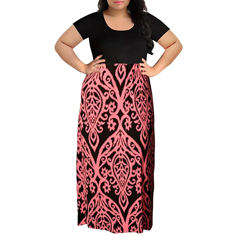 

JAYCOSIN New Fashion Women's Chevron round neck Print Summer Short Sleeve Plus Size Casual Long Maxi Dress dropshipping 328Z