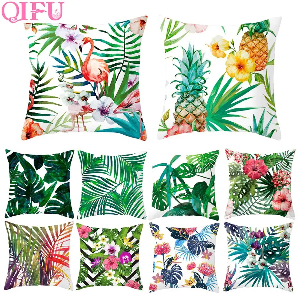 

QIFU Hawaii Party Decorations Flamingo Cushion Cover For Sofa Home Decorstive turtle green leaves Pillowcase Summer Party Decor