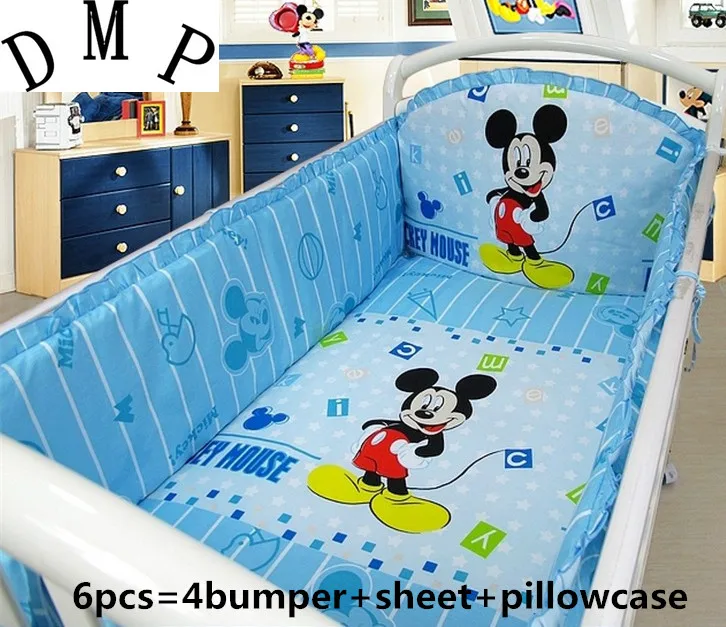 Promotion! 6PCS Cartoon Baby Nursery Cot Crib Bedding Set bumpers for cot bed (bumpers+sheet+pillow cover)