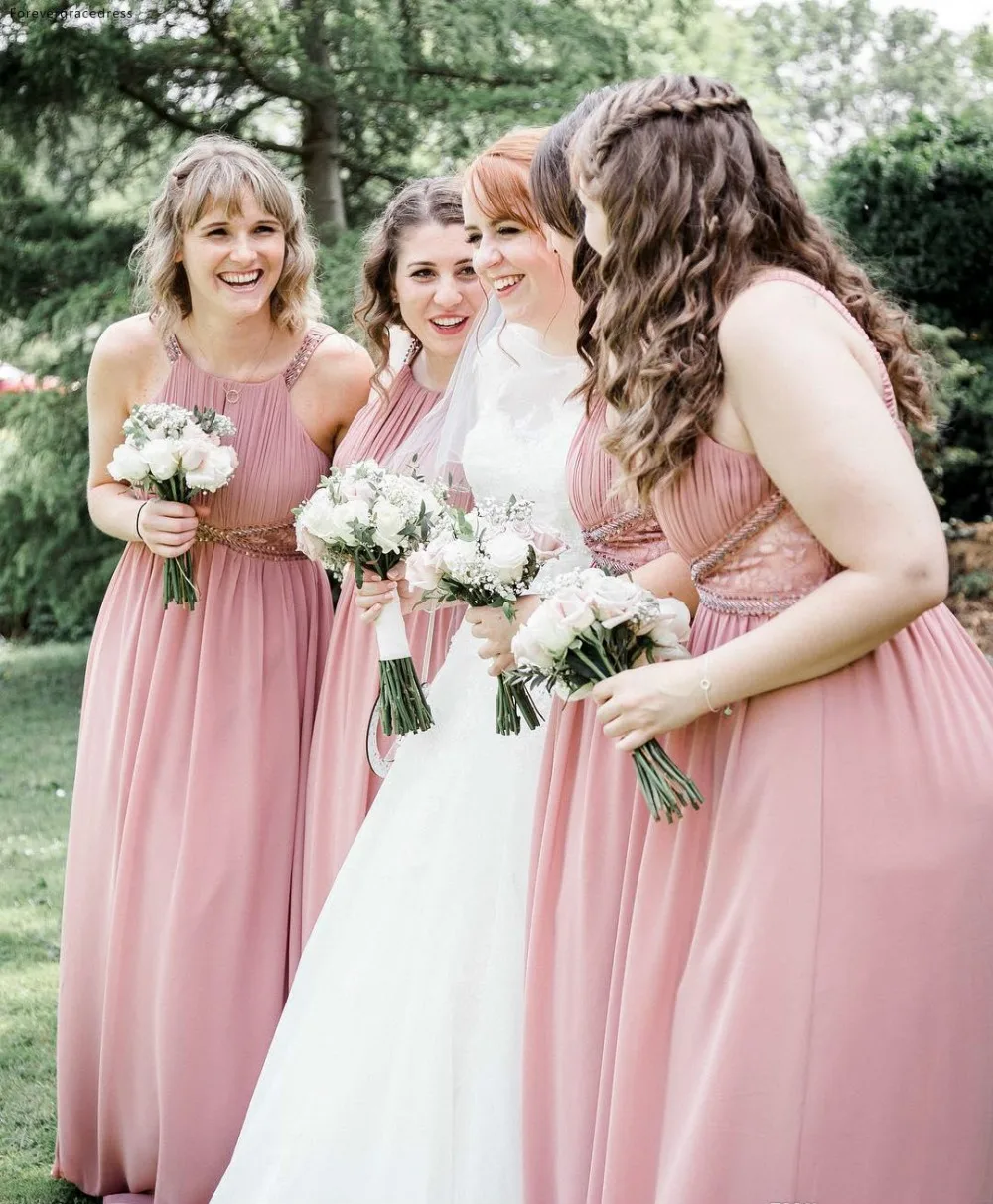 Plus Size Western Garden Weddings Bridesmaids Dresses Halter Neck Pleats Chiffon Long Maid of Honor Gowns BM0379  93 (3)