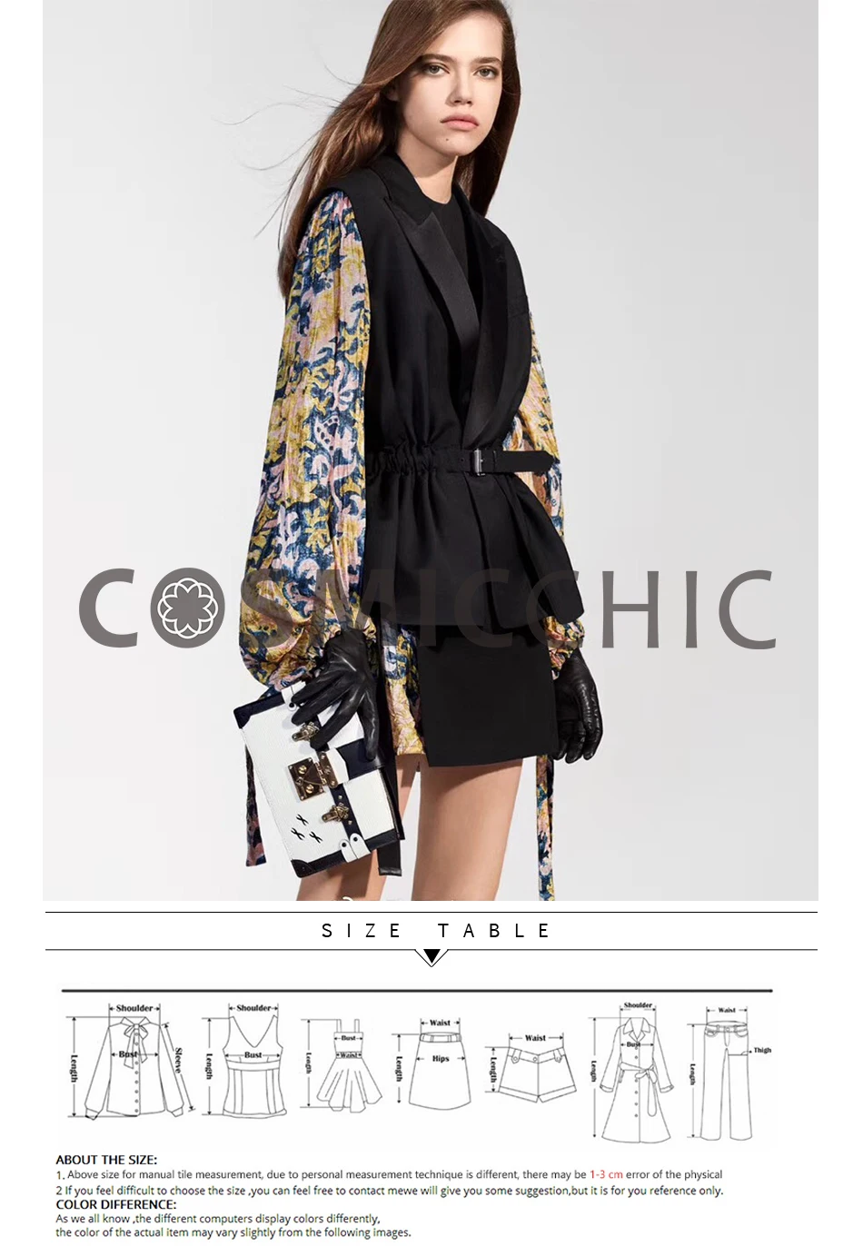 Cosmichic женское платье комплект из 2 предметов черный короткий жилет с поясом Длинный рукав цветочный принт платье Подиум дизайнерское платье костюм