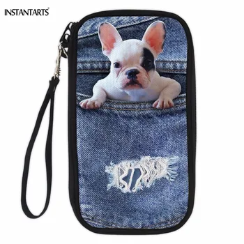 

INSTANTARTS Funny 3D Fake Denim Pocket French Bulldog/ Print Passport Document Package ID Card Travel Holder Multi-function Bags