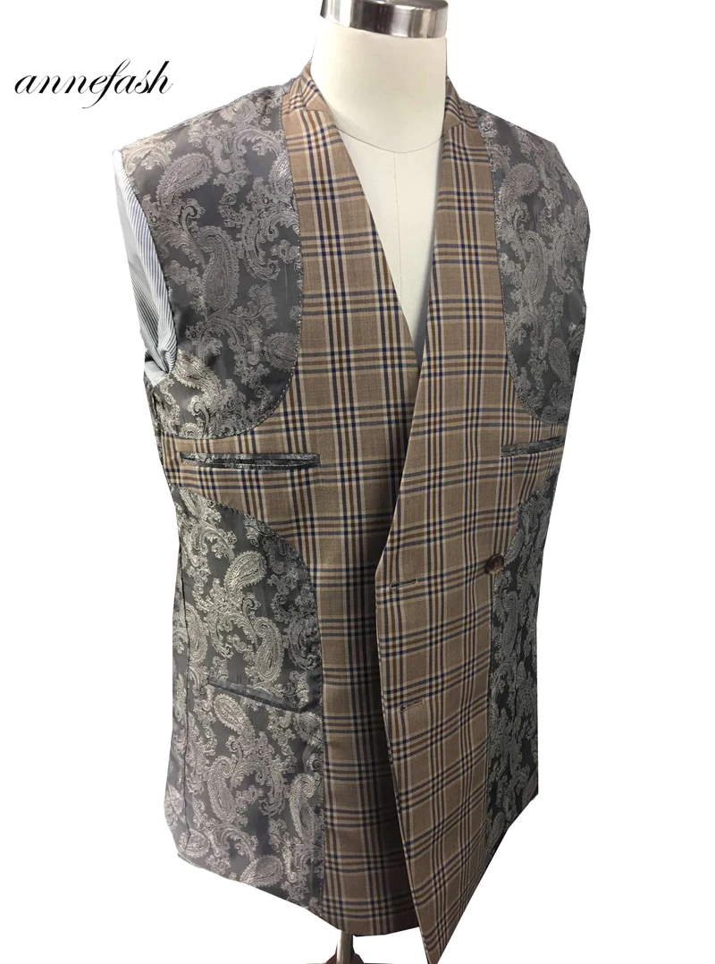 Tailor-made high quality worsted 150's wool brown windowpane check Suit Men double breast reverse collar suit