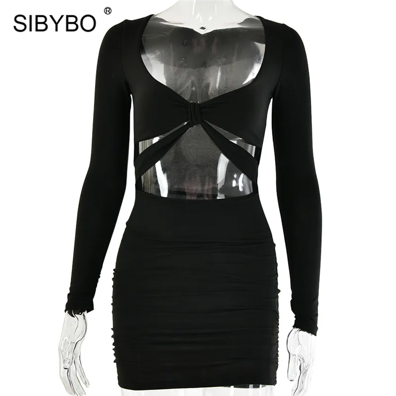 Черный Sibybo, выдалбливают, плиссированное, мини, сексуальное платье для женщин, v-образный вырез, длинный рукав, завязанное узлом, осеннее, облегающее платье, Пляжное, для девушек, повседневные платья - Цвет: Черный