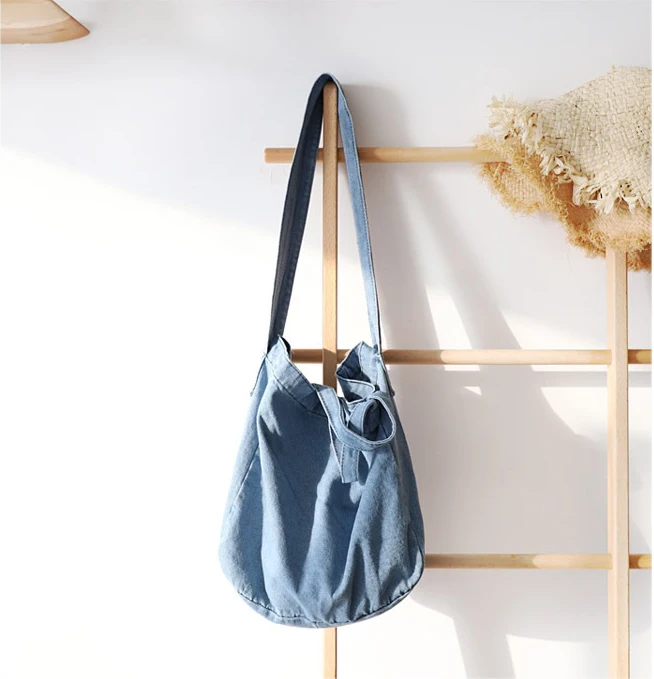 Большая вместительная джинсовая сумка для женщин, тканевая сутулящаяся сумка с широким ремешком, большая сумка через плечо, модная повседневная сумка-тоут в японском стиле