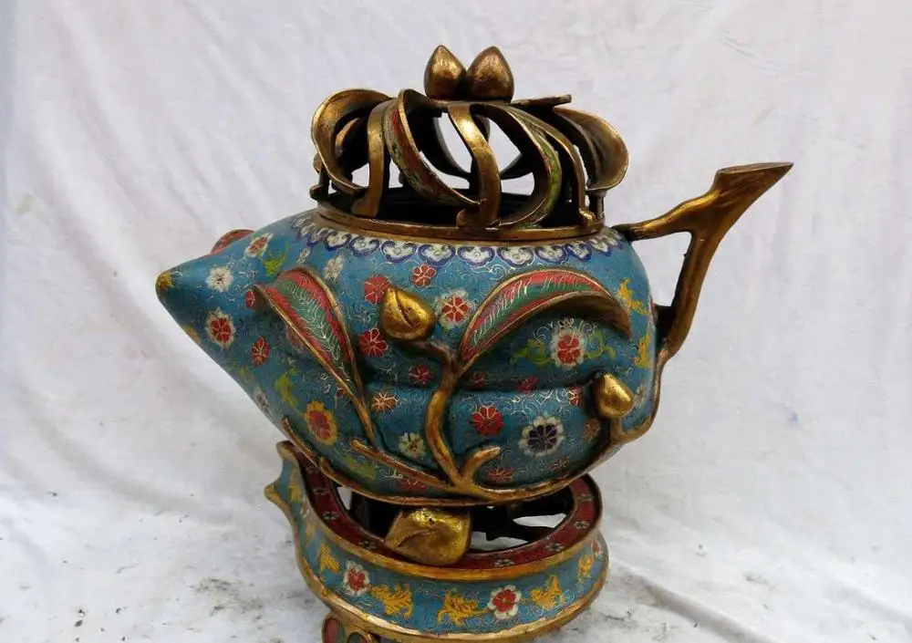 

13" China Cloisonne bronze gild carved longevity peach Incense Burner Statue