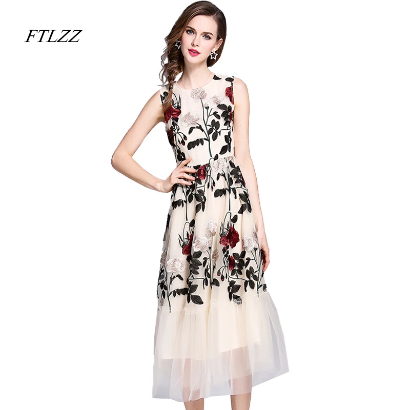 

FTLZZ Summer New Elegant Party Embroidered Dress Women Sleeveless Mesh Dresses