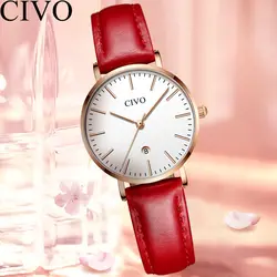 CIVO 2019 простые красные кварцевые часы Лидирующий бренд Модные женские нарядные часы водонепроницаемые наручные часы из натуральной кожи