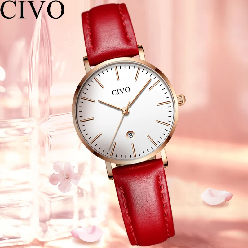 

CIVO 2019 Simple Red Quartz Watch Top Brand Fashion Ladies Dress Watches Waterproof Genuine Leather Wristwatches Reloj Mujer