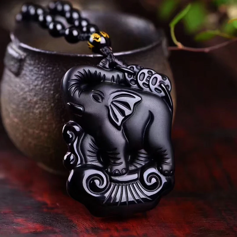 

Natural Obsidian Pendants Necklace Mother Baby Cute Elephant Lucky Pendant With Natural Stone Beaded Chains Fashion Woman Man