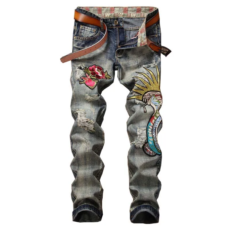 Mcikkny Retro Men's Fashion Ripped Jeans Pants Cobra Embroidered Denim Trousers Male Streetwear Pleated Jeans Pants Straight