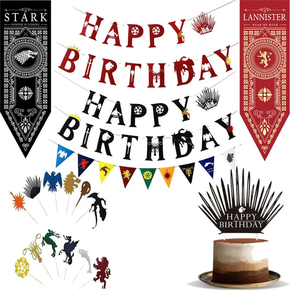 Game of Thrones Theme Fans Happy Birthday Banner Stark Flags Balloons Iron Throne Cake Topper Dragon Cupcake Adult Decoration