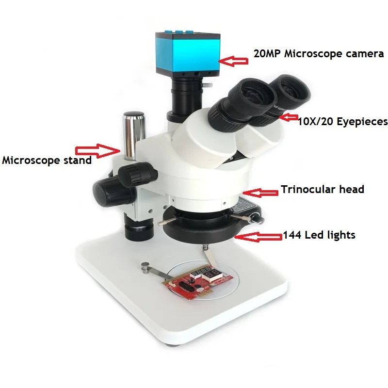 

7-45X simul-focal Trinocular Stereo Microscope 20MP HDMI Microscopio camera adjustable 144 led ring lights for cell phone repair