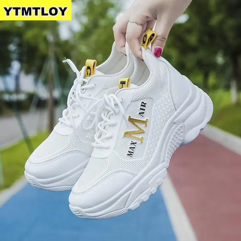 

2019 Women Sneakers Mesh Casual Platform Trainers White Shoes 13CM Heels Spring Wedges Breathable Woman Height Increasing