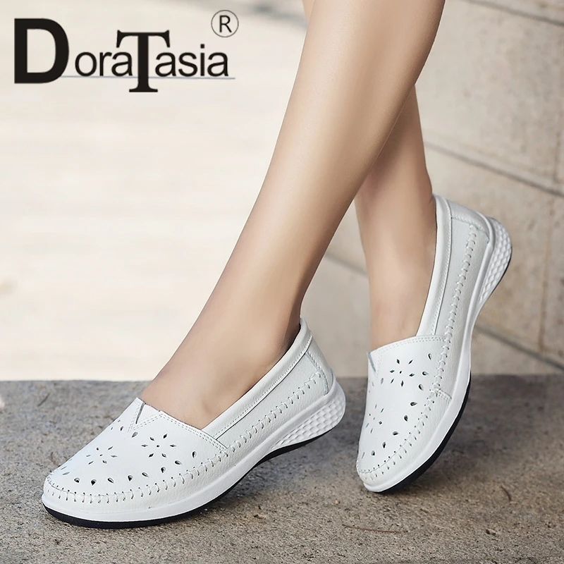 

DoraTasia 2019 New Hollow Solid Split Leather Slip On Non-slip Shallow Shoes Woman Casual Spring Summer Flats Big Szie 36-42