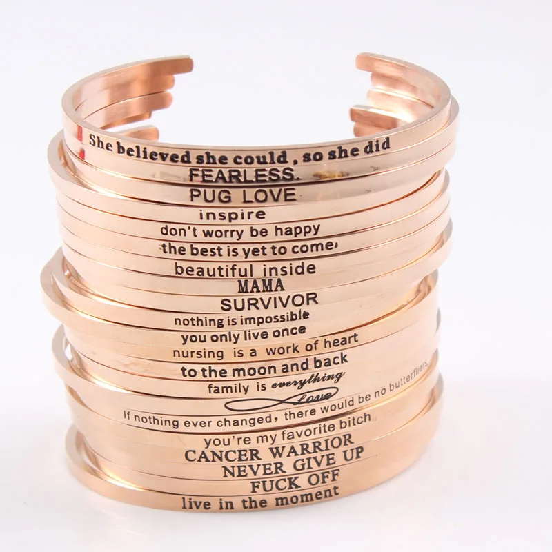 Горячая розовое золото цвет браслет с мантрой вдохновляющие нержавеющая сталь браслет с гравировкой для женщин Роскошные ювелирные изделия высокого качества