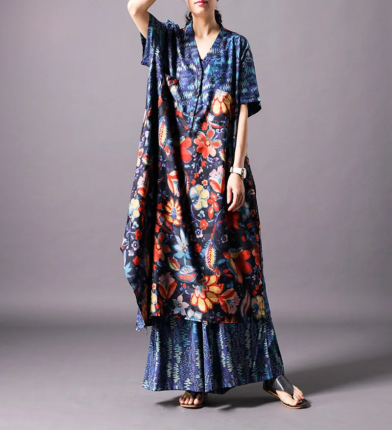 

Women Summer Printed Long Tops+Elastic Waist Wide Leg Pants Suits Female Vintage Print Long shirt+wide Leg Trousers Ladies Sets