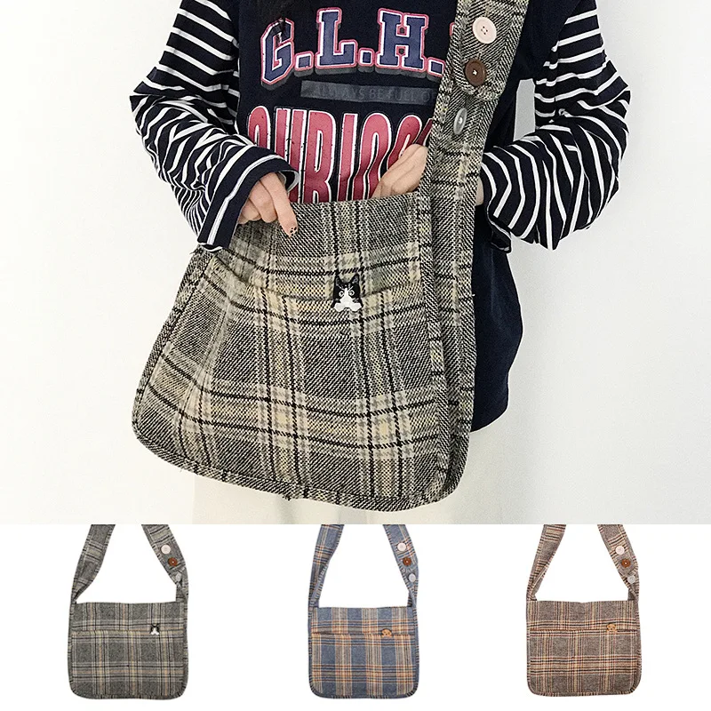 

Fashion Plaid Embroidery Cat Vintage School Bags Women Canvas Handbags 2019 New Arrival Female Casual Simple Shoulder Bags