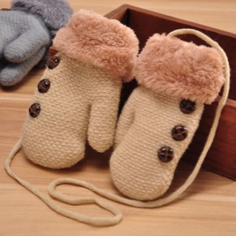 Зимние теплые детские перчатки для мальчиков и девочек, теплые варежки, перчатки для пальцев, лист веревочные однотонные перчатки на пуговицах