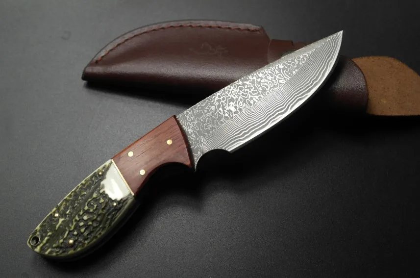 Купить Ручной кованые Дамасская сталь охотничий нож фиксированный нож палисандр + рога с натуральной кожи крышка