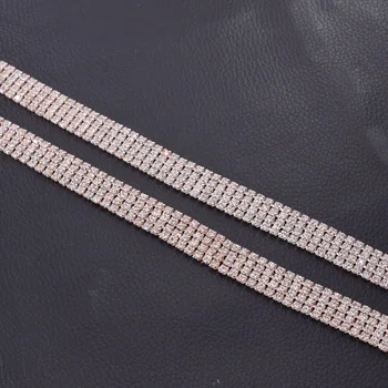 

5Yards Rose gold 4rows clear rhinestones applique cup chain crystal sewing trimmings for wedding dress belt clothing patches