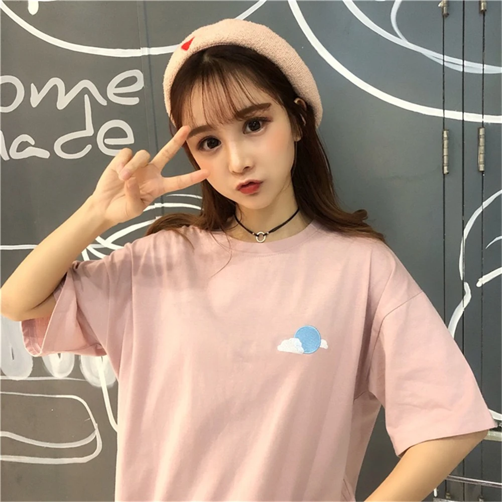 

Harajuku Style Japanese Women's Summer Round Collar Cotton Short Sleeve Cartoon Embroidered Sun Lightning Pattern Loose T-Shirt