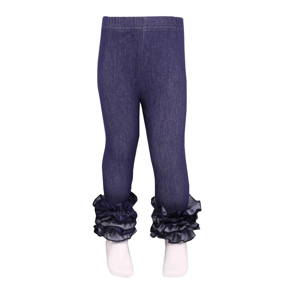 MUDBALA/Эксклюзивные леггинсы для маленьких девочек; Тройная оборка; одежда для маленьких девочек; однотонные хлопковые брюки с рюшами - Цвет: Denim