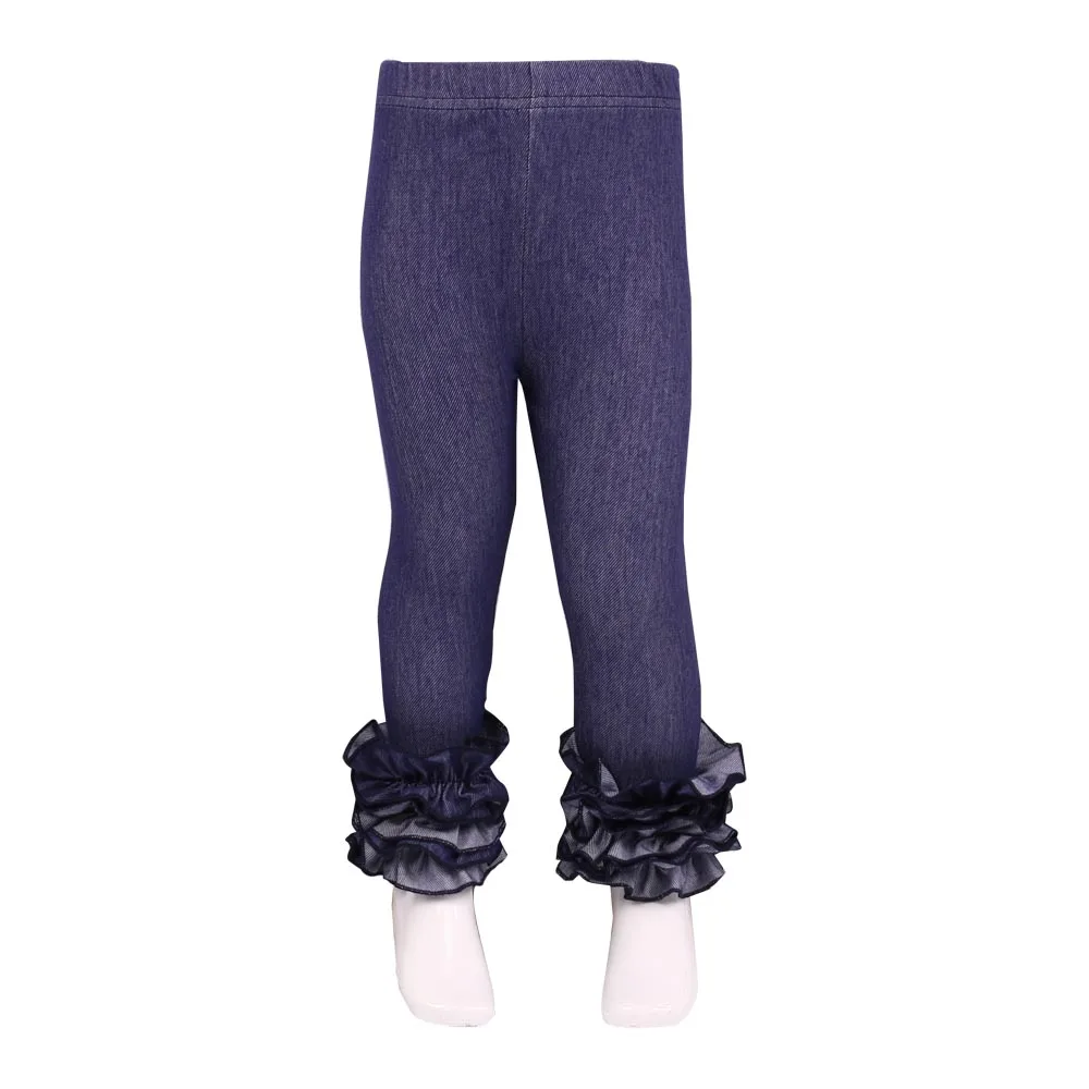 Denim MUDBALA/Эксклюзивные леггинсы для маленьких девочек; Тройная оборка; одежда для маленьких девочек; однотонные хлопковые брюки с рюшами - Цвет: Denim