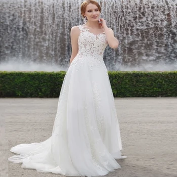 

Weilinsha Elegant Tulle Wedding Dress Robe De Mariage Cap Sleeve Applique A-line Wedding Dresses Vestido De Novia Illusion Back