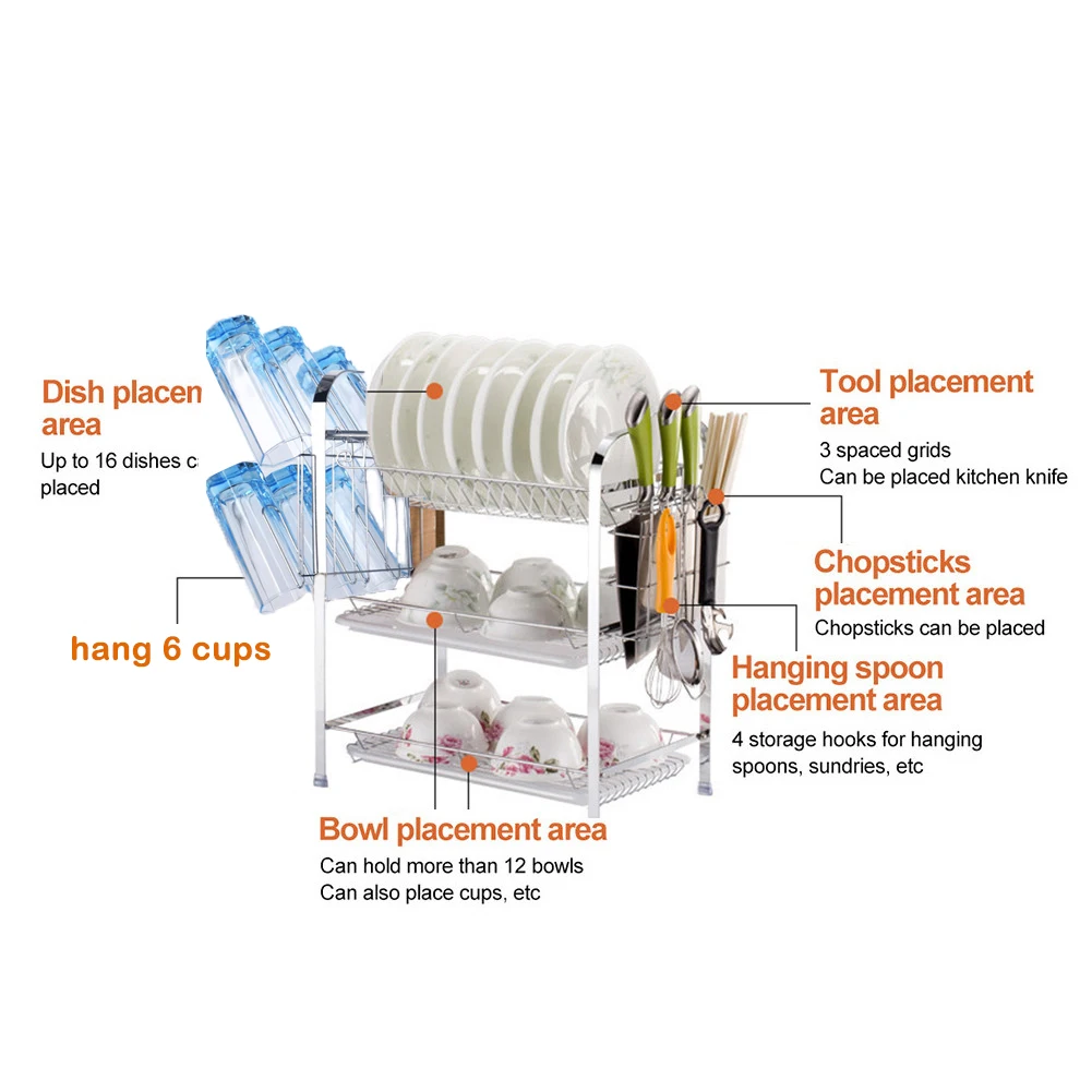 Стеллаж для хранения сушки три Слои Хромированная Пластина дренажная стойка стеллаж для хранения с дренажная панель столовые приборы: чашки блюдо стеллажи для выставки товаров 3-х уровневая Dishrack