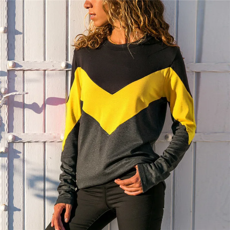 

SHUJIN 2018 Autumn Long Sleevee T Shirt Women Fashion Round Neck Tops&Tees Vintage Winter Warm Color Patchwork Ladies T-shirt