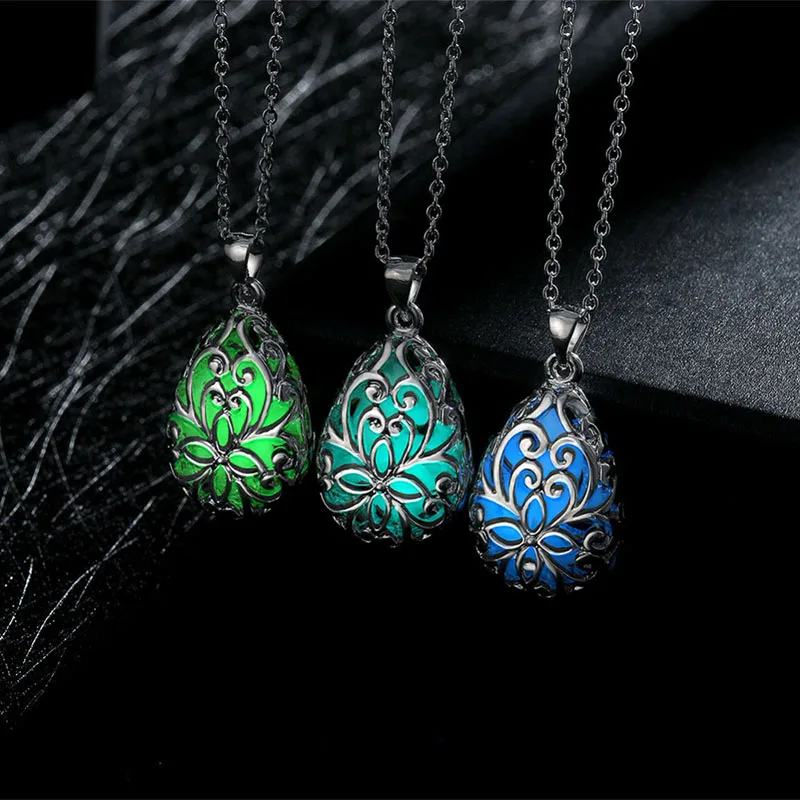 

Fashion Women Silver Color Fluorescent Stone Pendant Necklace Ladies Hollow Night Light Water Drops Necklace Female Gift