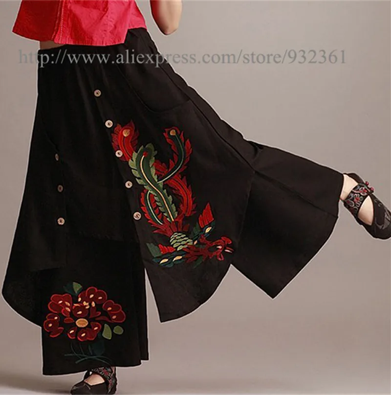 

Women Vintage 70s Mexican Ethnic style Floral Embroidery Pants Skirt BOHO Hippie festival Asymmetric Wide Leg Toursers Skirts