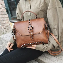 Женские сумки через плечо, Женские винтажные кожаные сумки с заклепками, маленькая дамская сумка