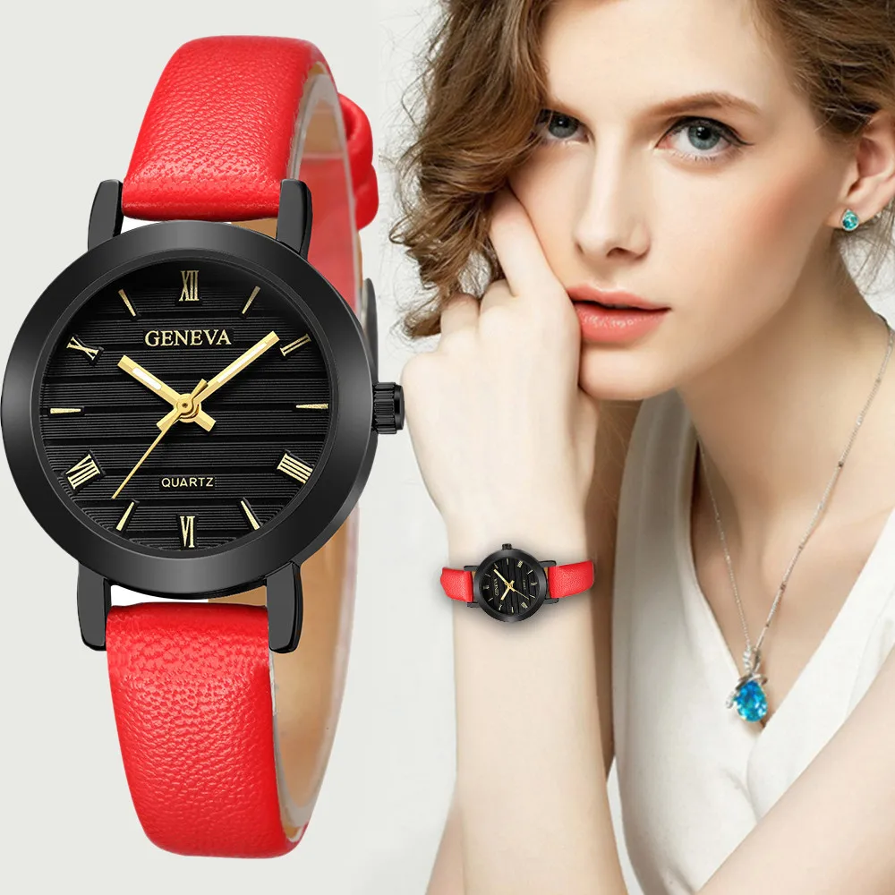 new fashion geneva women leather band stainless steel quartz analog wrist watch