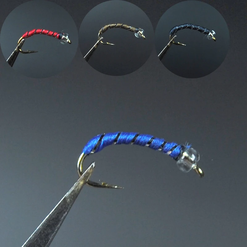 

[16 PCS] Caddis Larva Chironomid Midge Pupa Crystal Bead Head Nymph Buzzer Fly Trout Fishing Bait Bule Black Red Brown 4 colors
