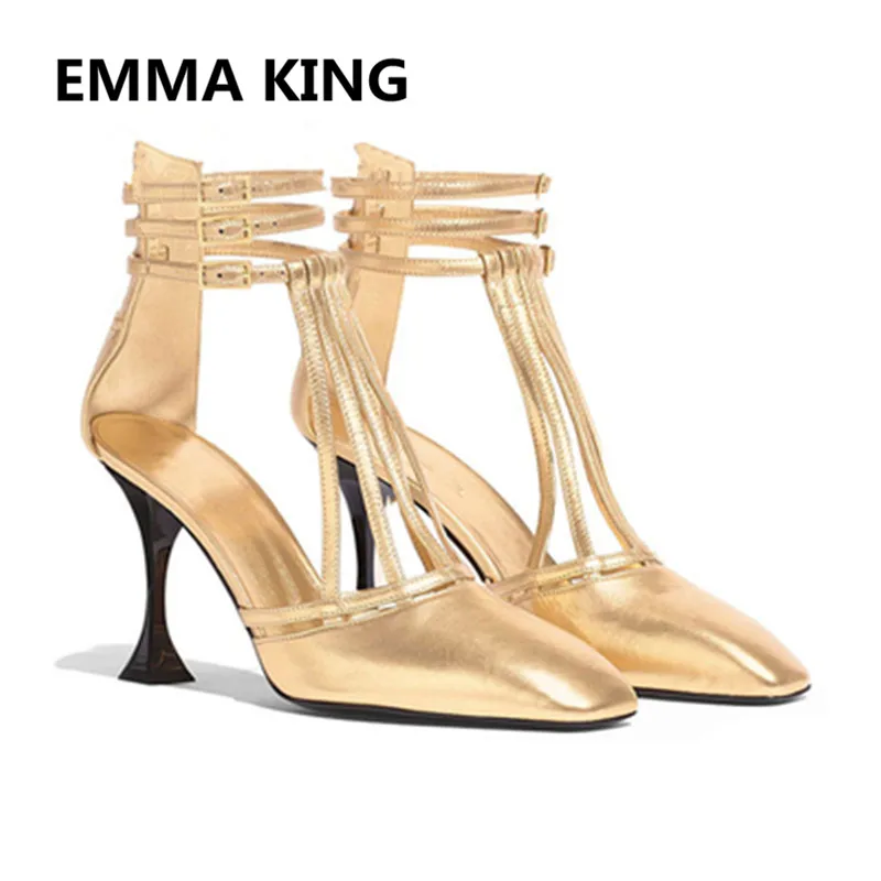 

2019 New Gold Hollow Women Gladiator Sandals Square Toe Jeweled High Heels Pumps Buckle Ladies Party Shoes Woman Zapatos Mujer