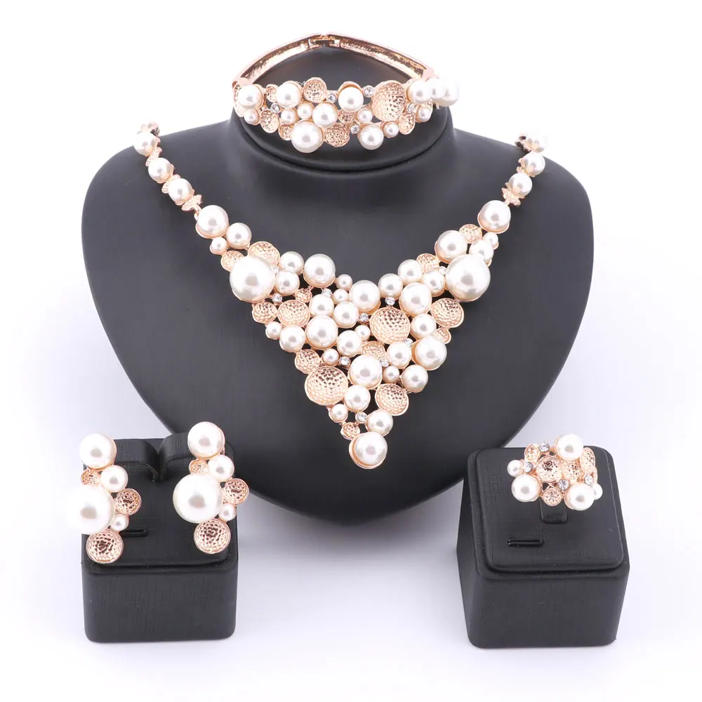 

Fashion Gold Color African Beads Jewelry Sets Wedding Bridal Imitation Pearl Crystal Necklace Bangle Earring Ring Jewelry Sets