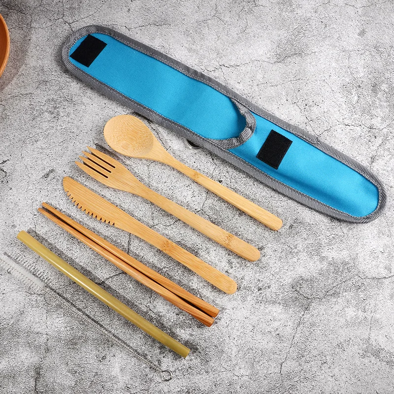 

Bamboo Cutlery Travel Flatware Set wooden Chopsticks portable Spoon Fork knife Set Bamboo Straws Tableware Set with Straw Bag