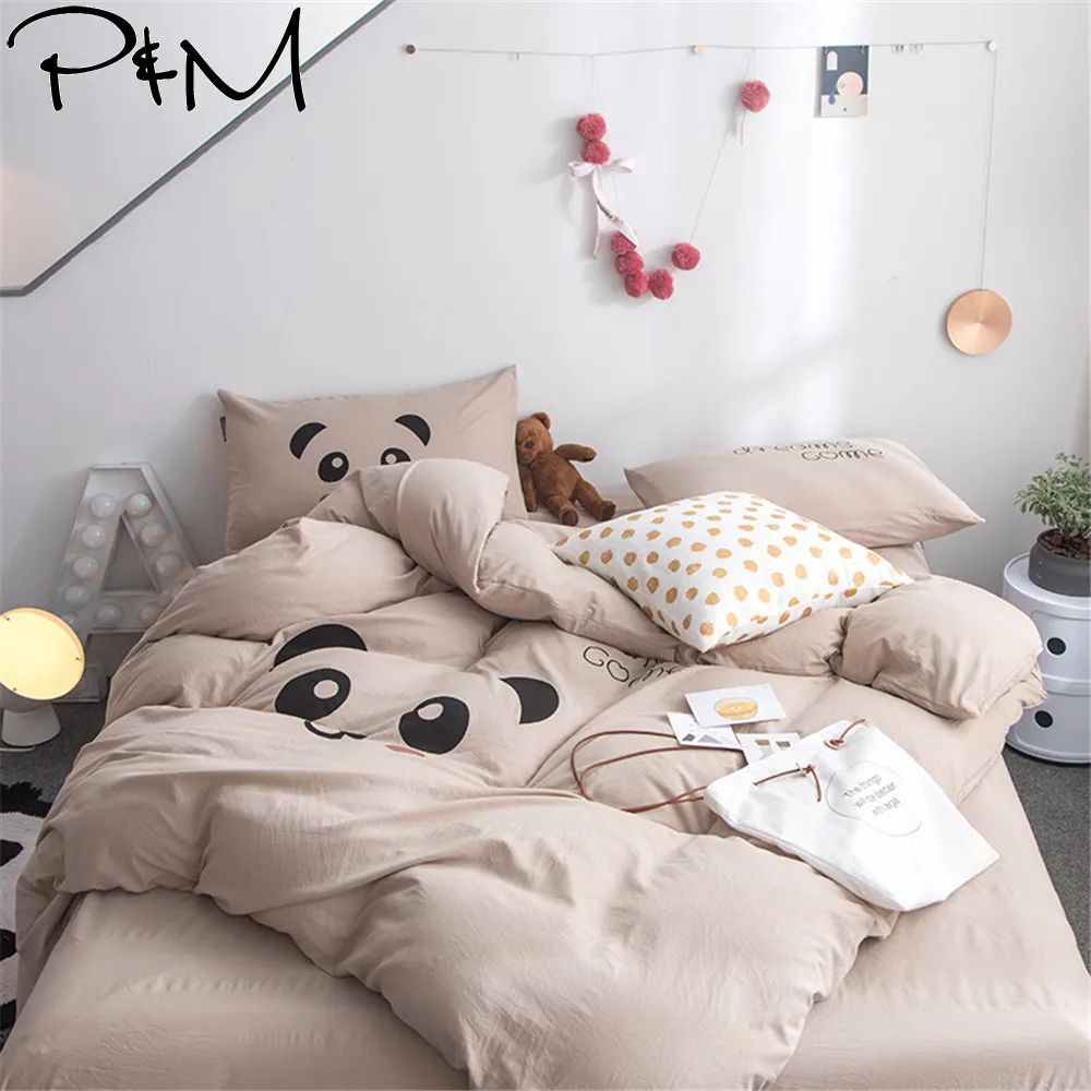 

2019 PAPA&MIMA Cartoon Coffee Panda Bedlinens Queen King Duvet Cover Set Washed Polyester Fabric Bedding Set Pillowcases