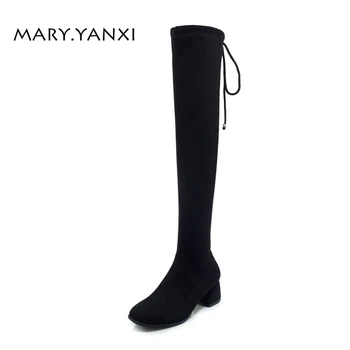 

SWinter Women Plus Size Shoes Over-the-Knee Long Boots Flock Nubuck Round Toe Med Heels Cross-tied Lace-Up Fleeces Worm Inside